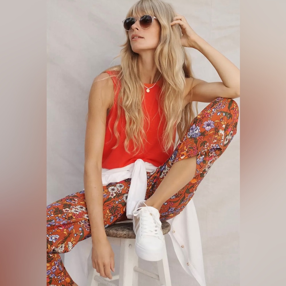 Maeve Anthropologie Flower Power Cropped Wide Leg Pants Orange Purple Pink 0